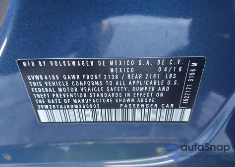 2016 Volkswagen Jetta 1.4T S из США, поврежденный, VIN 3VW267AJ8GM363903